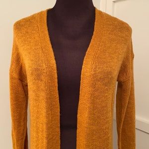 Pink Rose Knit Open Cardigan with Pockets in Mustard Yellow